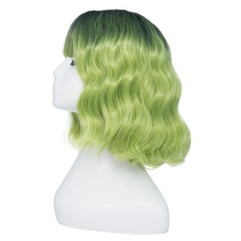Luxiremi Wigs Ombre Green Special Short Shoulder Length Curly Wavy Wig Bob with Fringe Synthetic Cosplay Wig for Women