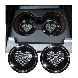 Kewucn 2 PCS Bling Car Cup Coaster, 2.75 Inch Heart Rhinestone Holder Insert Coaster, Anti-Slip Waterproof Crystal Auto Cup Mat, Universal Vehicle Accessories for Women Girls (Black & AB)