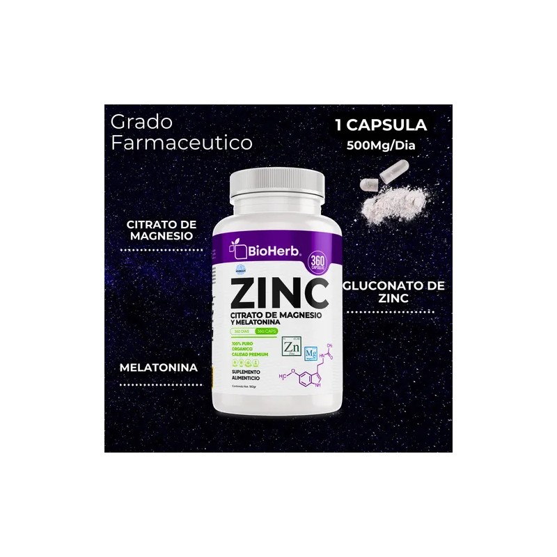 Bioherb Zinc Magnesio Melatonina 360 Capsulas 500mg Bienestar Relajación Natural