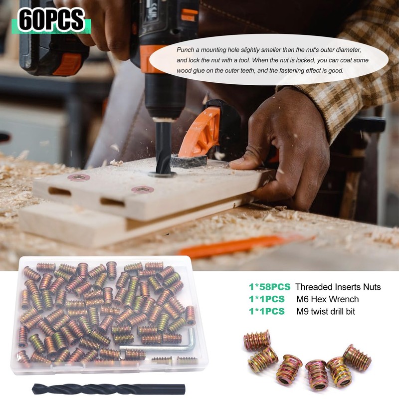 Twidec/60PCS 1/4"-20 Threaded Inserts for Wood Furniture Screw-in Nut Wood