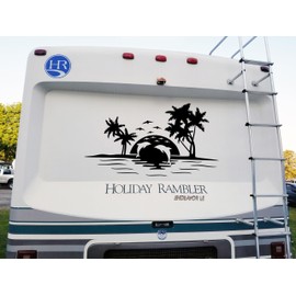 Minglewood Trading Matte Black - Beach Dolphins Palm Trees Scene Vinyl Decal - Ocean Camper RV Travel Trailer Graphics - Die Cut Sticker - 10w x 6h inches