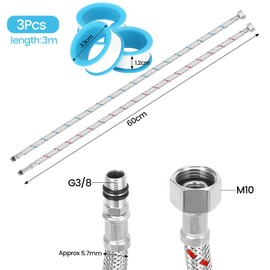 FINEASY Reinforced Hose 3/8 Inch with 3 Rolls Teflon Tape, Stainless Steel Tap Hose 60 cm, Connection Hose Fitting G3/8 x M10, Flex Hose Extension for Kitchen and Bathroom Pack of 2