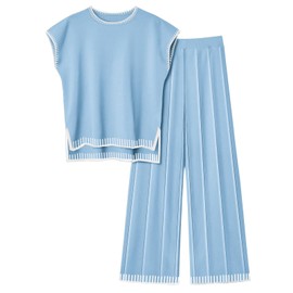 Ekouaer Womens Matching Sets Knit Sweater Sets 2 Pieces Outfits Pullover Tops Wide Legs Pants Lounge Set Clear Blue