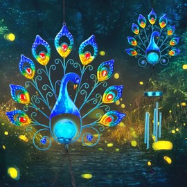Carillones solares de viento para exteriores, de metal, grandes campanillas de viento de pavo real, luces LED, bola de vidrio agrietado, a prueba de agua, luces decorativas para jardín, patio,