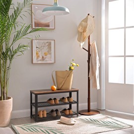 VASAGLE Coat Rack, Solid Wood Coat Stand, Free Standing Hall Coat Tree with 8 Hooks, Stable Round Base, for Hats, Bags, Purses, for Entryway Hallway Office, Rubberwood, Dark Walnut URCR009W01