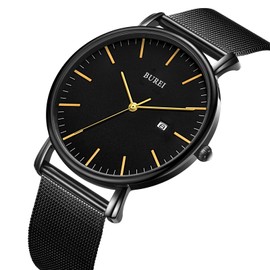 BUREI Men's Wristwatch, Simple, Waterproof, Analog, Popular, Stylish, Milanese Mesh Strap Watch, multicolor (black / gold), Bracelet Type