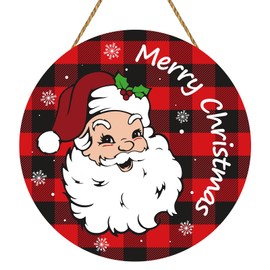 Merry Christmas Sign Christmas Door Decor Santa Claus Decor Christmas Door Sign Buffalo Plaid Christmas Decorations Wooden Christmas Door Hanger for Front Door Porch Wall Indoor Home Decor