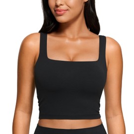 CRZ YOGA Butterluxe Square Neck Crop Tank Tops for Women - Workout Longline Sports Bras Padded Yoga Camisole Black Medium