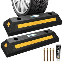 Car Parking Stopper – 2PCs Heavy Duty Rubber Curb Car Stop for Garage and Driveway, Parking Aid, 18” Tire Wheel Stop for Cars, Vans, Trucks – Prevents Hitting Wall or Barrier – Easy Installation