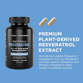 Suplemento de resveratrol de Vital Vitamins: elaborado con resveratrol de origen vegetal; refuerzo antioxidante; 600 mg de resveratrol por ración, que aportan 300 mg de resveratrol trans; 60