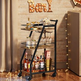 YATINEY Bar Cart, 3-Tier Bar Cart for The Home, Small Bar Cart on Wheels, Home Bar Serving Cart with Glass Holders, Beverage Cart for Bar, Kitchen, Dining, Party Room, Rustic Brown and Black BC03BR