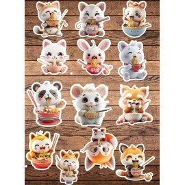 Handmade Colorful Cartoon Animals Eating Ramen Vinyl Die Cut Stickers WaterBottle Laptop