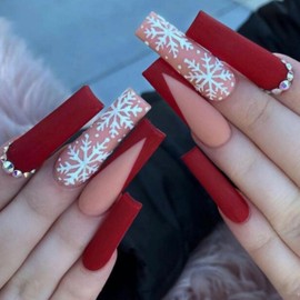 Christmas Press on Nails Long Coffin Fake Nails with Rhinestone Designs Red French tips Glue on Nails Snowflake Stick on Nails Glossy Reusable Xmas False Nails for Women Girls Winter Holiday Manicure
