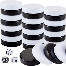 Skylety 30 Pcs Backgammon Pieces Checkers, 1.25 Inch Replacement Checkers Board Game Playing Game Chips with 5 Dice(Black and White)