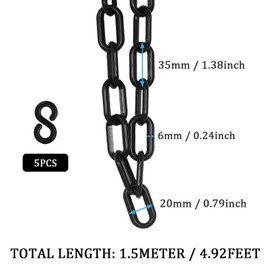 SYEYCW 1.5 Meters Black Plastic Chain, 6mm Plastic Links Fence, Safety Barrier Chain for Crowd Control with 5 Hooks, for Queue Lines, Parking, Fences, Gate, Concerts, Construction Site and Decoration