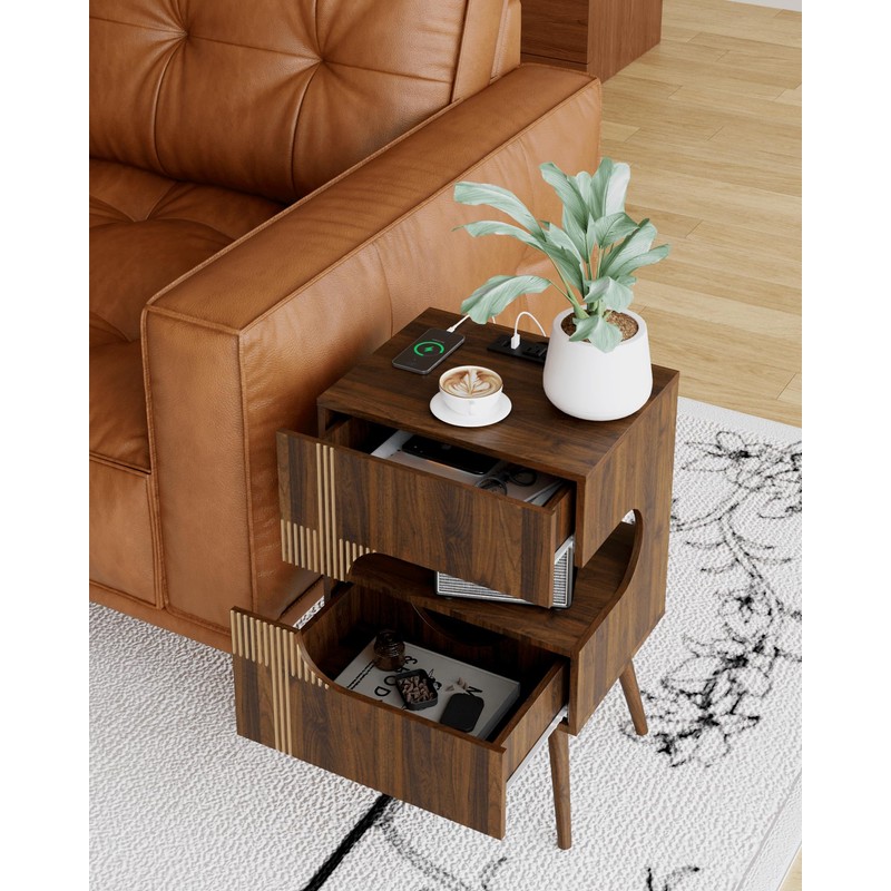 JOONEE Nightstand with Charging Station and LED Lights,Modern Bedside Table