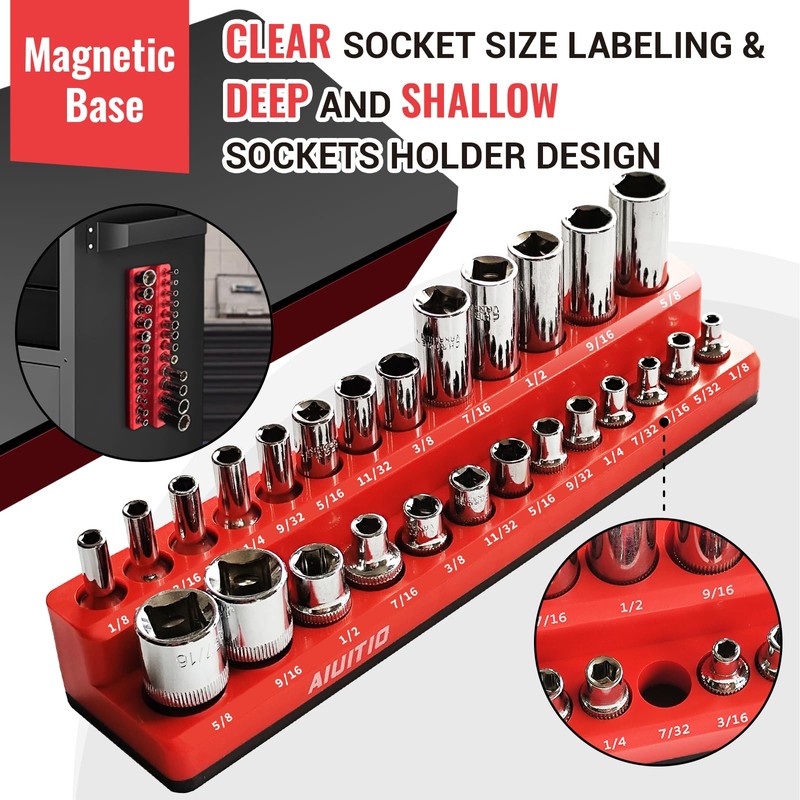 AIUITIO 6-Piece Magnetic Socket Organizer Set, Magnetic Socket Holder Includes