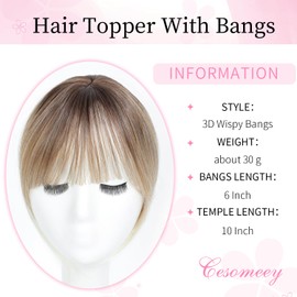 Cesomeey Hair Topper Clip in Bangs, 360° 3D Cover Hair Toppers for Women with Thinning Hairs,Upgrade Topper Bang Clip,10 Inch Straight Hairs Pieces for Women(Ombre Mix Blonde with Dark Root to Blonde)