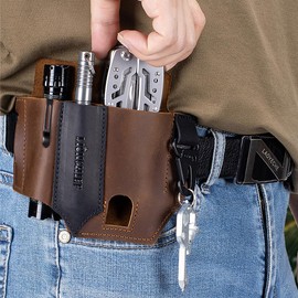 LIONCHIEF Genuine Leather Multitool Sheath for Belt, EDC Pocket Organizer Leather Pouch for EDC Carry，Darkbrown