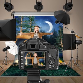 Baocicco 5x7ft Camping Trip Backdrop Night Scene Backdrop Tent Green Grass Lawn Bonfire Pine Trees Photography Background Camping Summer Holiday Family Outdoor Party Adventure Leisure