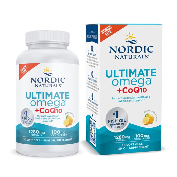 Nordic Naturals Ultimate Omega + CoQ10, Lemon - 90 Soft Gels - 1280 mg Omega-3 + 100 mg CoQ10 - Heart Health, Cellular Energy, Antioxidant Support - Non-GMO - 45 Servings