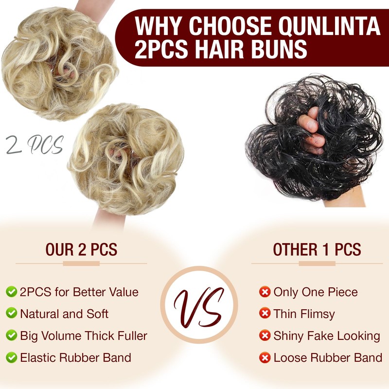 Qunlinta 2 PCS Large Messy Bun Hair Piece, Thick Wavy