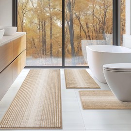BSICPRO Bathroom Rugs Sets 3 Piece, Toilet Rugs U-Shaped Contour Bath Mat Set, Striped Absorbent Non Slip Chenille Shower Rug for Bathroom, Beige