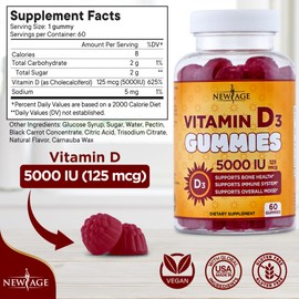 NEW AGE Vitamin D3 5000 IU 125mcg Gummies - Support Immune Support, Strong Bone Health - Non-GMO, Gluten-Free, Dairy-Free, No Gelatin (180 Gummies (Pack of 3))