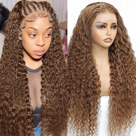 13x6 Chocolate Brown Deep Wave Lace Front Wig Human Hair Wig for Women 180% Density HD Deep Curly Lace Frontal Wigs Human Hair Pre Plucked with Baby Hair Brown Colored (Chocolate Brown, 34 Inch)