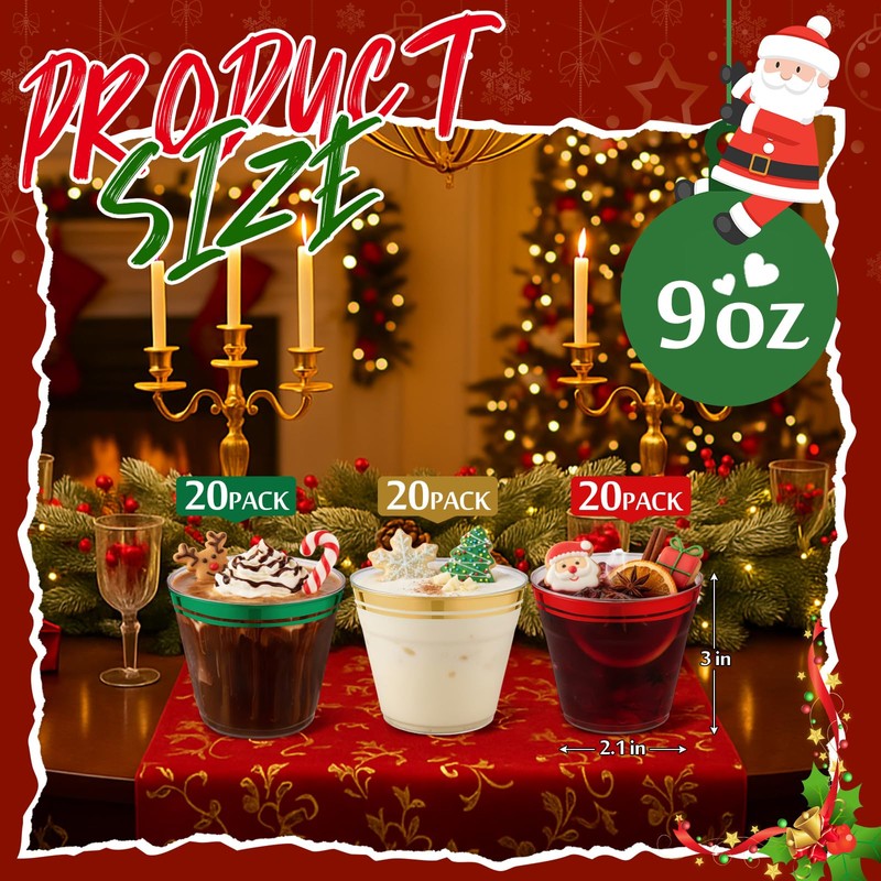 60 Pcs 9 oz Green,Red,Gold Plastic Wine Cups for Halloween