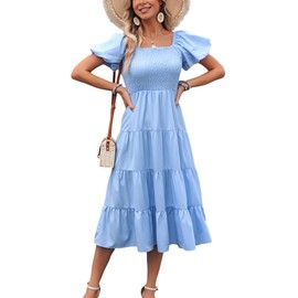 DGMYG Women's Casual Summer Midi Dress Puffy Short Sleeve Square Neck Smocked Tiered Ruffle Dresses S Blue