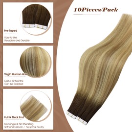 Full Shine Invisible Virgin Tape in Hair Extensions Color 3/8/22 Dark Brown Roots Fading to Brown And Blonde 12Inch Seamless Remy Hair Tape in Extensions Double Sided Skin Weft Natural 20 PCS 30 Gram