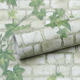 FEILAYS Green Leaves Brick Wallpaper Peel and Stick Realistic Distressed Textured Waterproof Self Adhesive Contact Paper Vintage Removable Vinyl Wall Paper Faux Brick Look Wall Covering 23.6"x393"