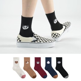 kikiya socks Women Cute Crew | 5 Pairs Animal Character Graphic Novelty Designed Cute Bear Dog Cat Rabbit Panda Funny Crazy Face Print Daily Boot Cotton Socks | Womens Ladies Girls Gift | Character A