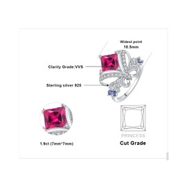 JewelryPalace Butterfly Bow Knot Princess Cut 3.1ct Created Pink Sapphire Statement Rings for Women, 14k White Gold Plated 925 Sterling Silver Cocktail Rings for Her, Gemstone Jewelry Sets size 6