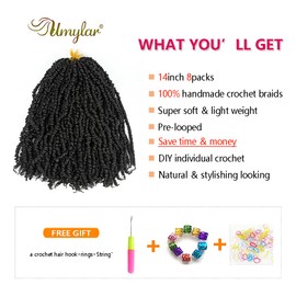 Umylar Pre-twisted Passion Twist Crochet Hair 14 Inch 8 Packs Pre-looped Passion Twists Crochet Braids Synthetic Braiding Hair Extension (14 Inch (Pack of 8), 1B#)