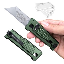 Caressolove Retractable Utility Knife, Green EDC Box Cutter Retractable Pocket Knife with 10PCS Razor Blades, Safty Heavy Duty Box Cutter with Clip (Green)