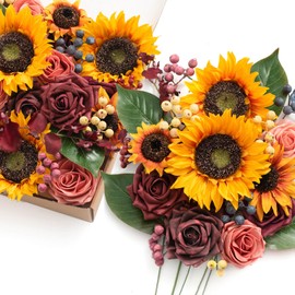 Ling's Moment Sunflower Burgundy Artificial Flowers Greenery Grand Box Set, Maroon Fake Flower for DIY Wedding Bridal Bouquet, Centerpieces Decor, Floral Arrangement Decor, etc.