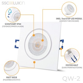 SSC-LUXon QW-2 FourSTEP Recessed Bathroom Spotlight LED Ultra Flat Dimmable without Dimmer 4 W Warm White 230 V IP44 Ceiling Spotlight White Square