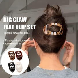 Flat Claw Clips for Women, 4 PCS French Hair Clip, Strong Hold Curved Claw Clips for Thick Thin Hair, Glossy Leopard Print and Pure Color Hair Accessories Set for All Hair Types