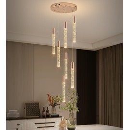 Phoonyii 7-Lights High Ceiling Crystal Chandelier, Modern LED Raindrop Pendant Light Fixture 60" H Flush Mount Chandelier Gold for Foyer Staircase Living Room