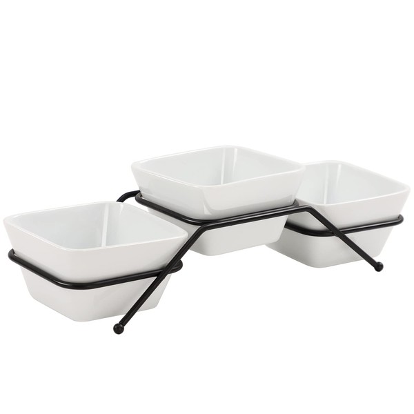 Buyajuju 3 pcs square bowl Porcelain Chip & Dip Serving Set with Black Metal Stand, 4.5inch White Small Serving Bowls for Side Dishes, Salsa, Appetizer, Serving Dishes for Entertaining