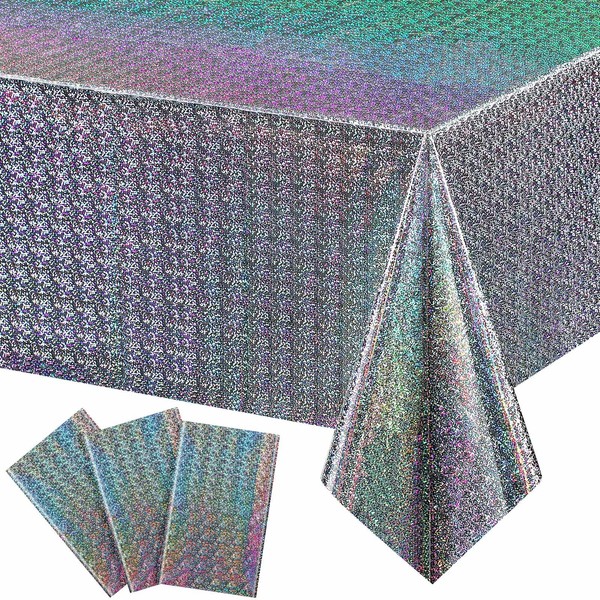 Iridescence Plastic Tablecloths Laser Table Covers Holographic Foil for Girl Party Wedding Disco Dance Birthday Holiday Mermaid Party Decorations 54 x 108 Inch (Rainbow Color, 3 Pack)
