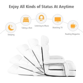 LUARANE Adjustable Massage Floor Sofa Chair, Foldable Lazy Sofa with 5-Position Adjustable Backrest Lumbar Pillow Armrests, Indoor Lounger Bed for Bedroom Living Room (White)