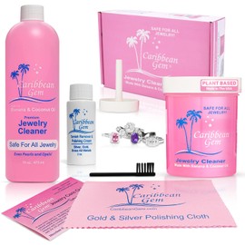 Caribbean Gem Jewelry Cleaner 16oz & 8oz, Basket, Brush, Polishing Cream & Polishing Cloth - Jewelry Cleaning Kit for All Gold, Silver, Diamonds, Rings, Necklaces, Gems, Precious Stones & Metals