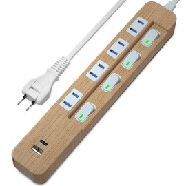 SAYBOUR USB Tap, USB-C 1 Port, USB-A, 1 Port, 4 Outlets, Power Strip, Lightning Guard, Outlet, Energy Saving, Individual Switch, PSE Certified (9.8 ft (3 m), Wood Grain