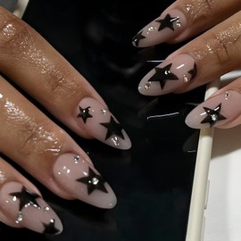 Star Almond Press on Nails Short Nude Fake Nails Rhinestones Stick on Nails Acrylic Full Cover False Nails for Women and Girls