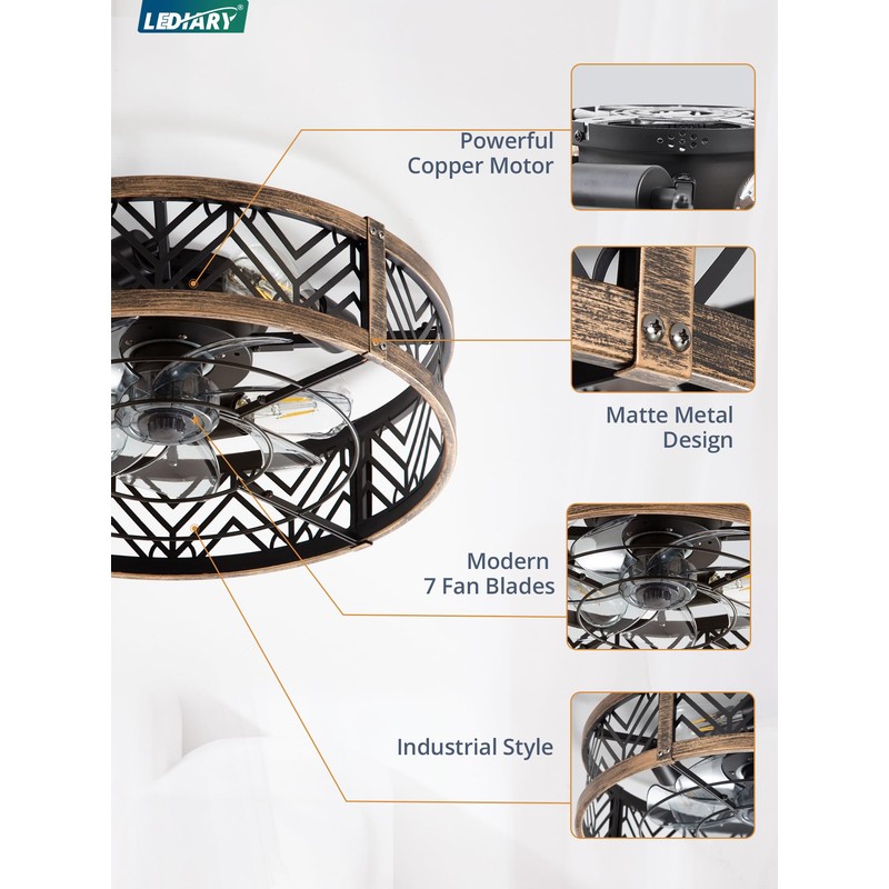 LEDIARY 20" Caged Ceiling Fan with Light, Small Flush Mount,