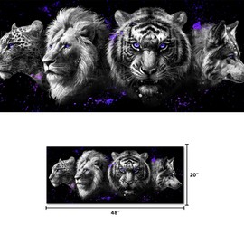 Kalormore Black and White Animal Wall Art Leopard Wolf Lion Tiger Head with Purple Eyes Paintings Canvas Wildlife Artwork Framed Modern Home Office Decor