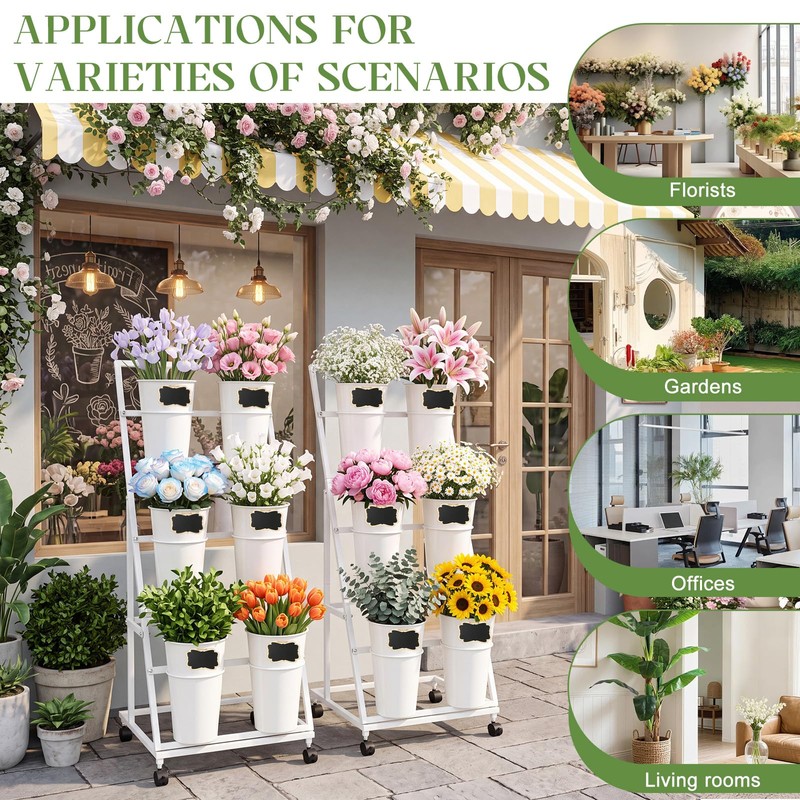 2 Pack Flower Display Stand with 12 Buckets, Wheels &